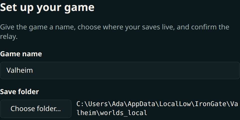 The Embervault setup step: a game name field reading Valheim, and a save folder pointing at the game's worlds_local directory.