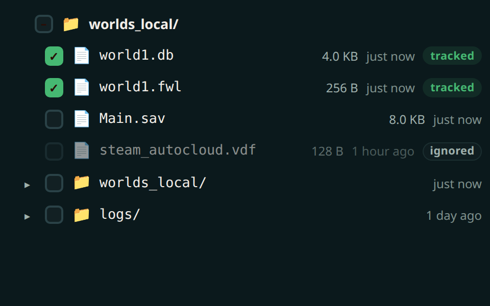 A file picker listing a save folder's contents, with two world files checked and marked tracked, and a Steam cloud marker greyed out as ignored.